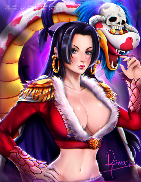 Anime picture 2000x2584 with one piece toei animation boa hancock salome (one piece) javier estrada single long hair tall image looking at viewer blush highres breasts blue eyes light erotic black hair large breasts signed cleavage upper body realistic