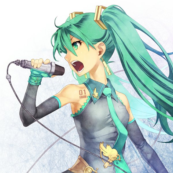 Anime picture 1000x1000 with vocaloid hatsune miku kunieda single open mouth twintails bare shoulders very long hair aqua eyes girl detached sleeves earrings necktie microphone