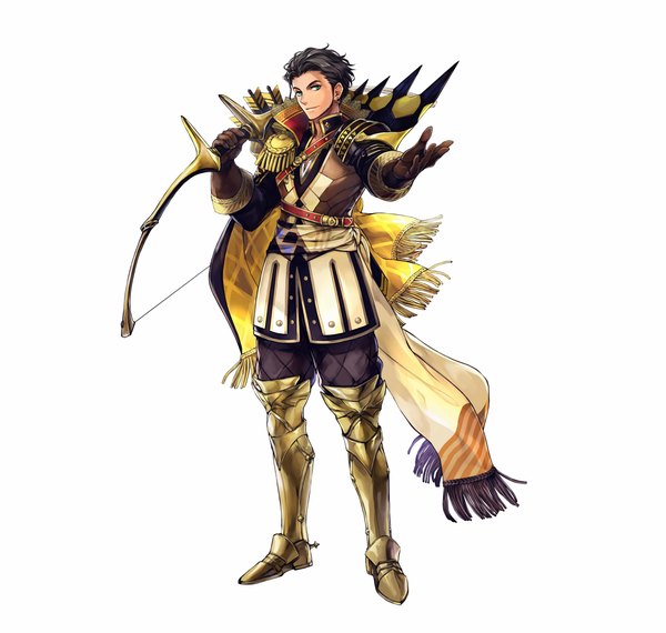 Anime-Bild 4000x3800 mit fire emblem fire emblem: three houses fire emblem heroes nintendo claude von riegan wada sachiko single looking at viewer highres short hair black hair simple background smile standing white background holding green eyes absurdres full body official art