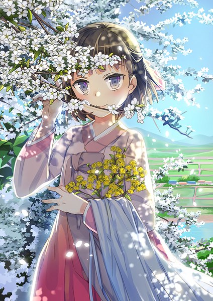 Anime picture 620x877 with original jin young-in single tall image looking at viewer blush fringe short hair black hair smile purple eyes sky traditional clothes mountain korean clothes girl flower (flowers) branch rice paddy hanbok