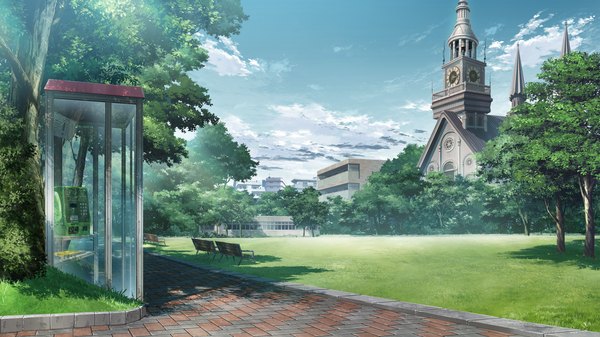 Anime picture 2560x1440 with grisaia no kajitsu highres wide image game cg sky cloud (clouds) landscape plant (plants) tree (trees) building (buildings) grass bench