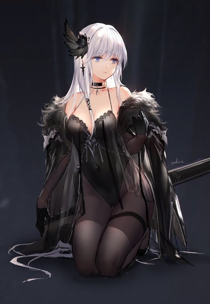 Anime picture 1860x2687 with original swd3e2 single long hair tall image fringe highres breasts blue eyes light erotic simple background hair between eyes signed looking away cleavage silver hair full body off shoulder fur trim kneeling