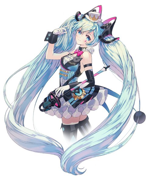 Anime picture 1000x1232 with vocaloid magical mirai (vocaloid) hatsune miku magical mirai miku magical mirai miku (2019) rarumi single tall image looking at viewer blue eyes simple background smile white background twintails very long hair aqua hair girl thighhighs gloves hat