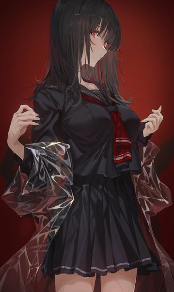 Anime picture 3509x5867 with original hxxg single long hair tall image looking at viewer blush fringe highres breasts black hair simple background red eyes standing absurdres blunt bangs long sleeves profile pleated skirt off shoulder