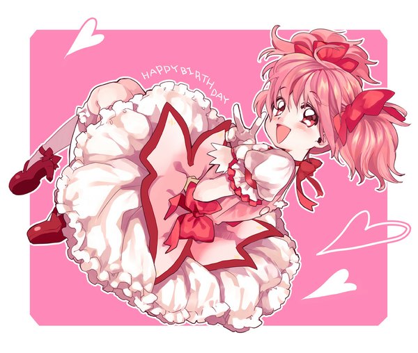 Anime picture 1000x847 with mahou shoujo madoka magica shaft (studio) kaname madoka amezawa koma single looking at viewer blush short hair open mouth twintails pink hair pink eyes border short twintails victory happy birthday girl dress gloves bow