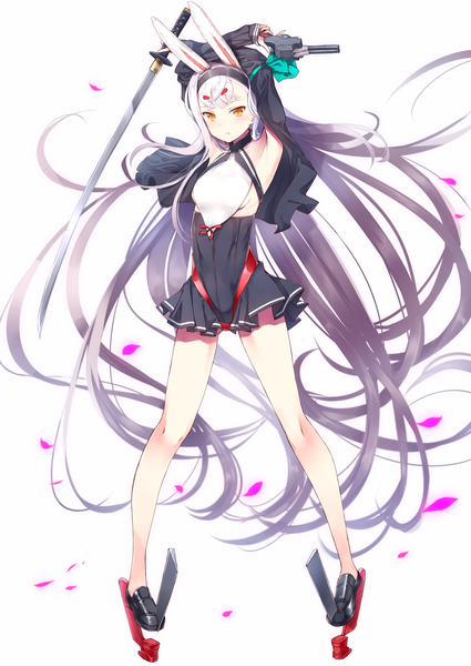 Anime picture 1200x1694 with azur lane shimakaze (azur lane) dabadhi single tall image breasts light erotic simple background white background holding animal ears silver hair full body very long hair arms up armpit (armpits) orange eyes bunny ears sideboob ass visible through thighs