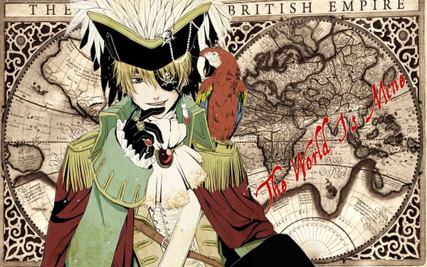 Anime picture 1280x800 with axis powers hetalia studio deen united kingdom (hetalia) short hair blonde hair wide image green eyes pirate hat earrings jewelry feather (feathers) eyepatch skull neckerchief pirate hat map parrot