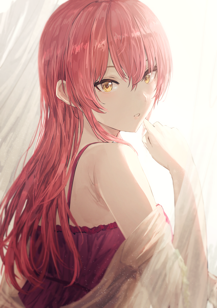 Anime picture 2894x4093 with idolmaster idolmaster cinderella girls jougasaki mika misaki nonaka single long hair tall image looking at viewer blush fringe highres hair between eyes yellow eyes pink hair upper body parted lips arm up off shoulder turning head hand to mouth