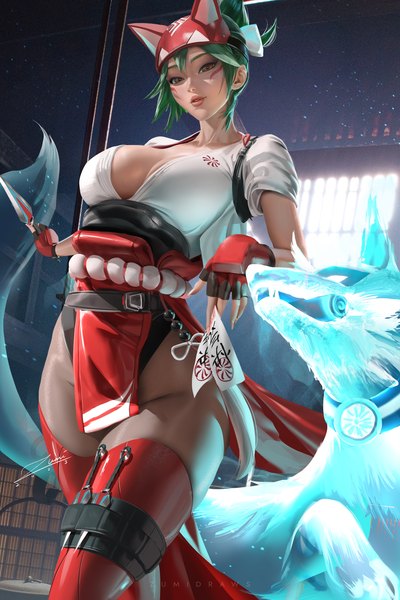 Anime picture 2339x3508 with overwatch blizzard entertainment kiriko (overwatch) zumi (zumidraws) single tall image looking at viewer fringe highres short hair breasts light erotic large breasts standing holding brown eyes signed animal ears cleavage indoors