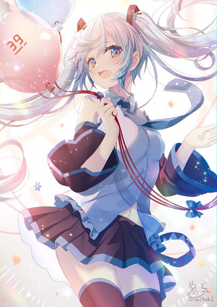 Anime-Bild 848x1200 mit vocaloid hatsune miku yano mitsuki single long hair tall image looking at viewer blush fringe breasts open mouth smile hair between eyes standing holding signed payot :d pleated skirt aqua eyes