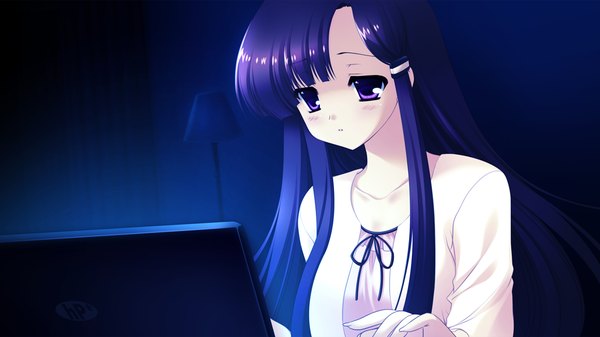 Anime picture 1024x576 with nekoguri (game) long hair wide image purple eyes game cg purple hair girl laptop
