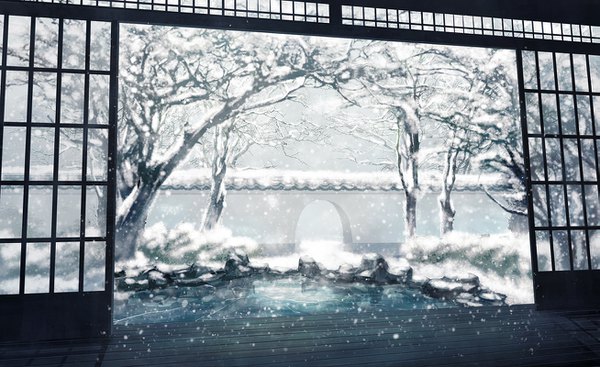 Anime picture 1307x800 with original yingsu jiang wide image snowing winter snow no people landscape bare tree plant (plants) tree (trees) sliding doors japanese house shouji pond veranda