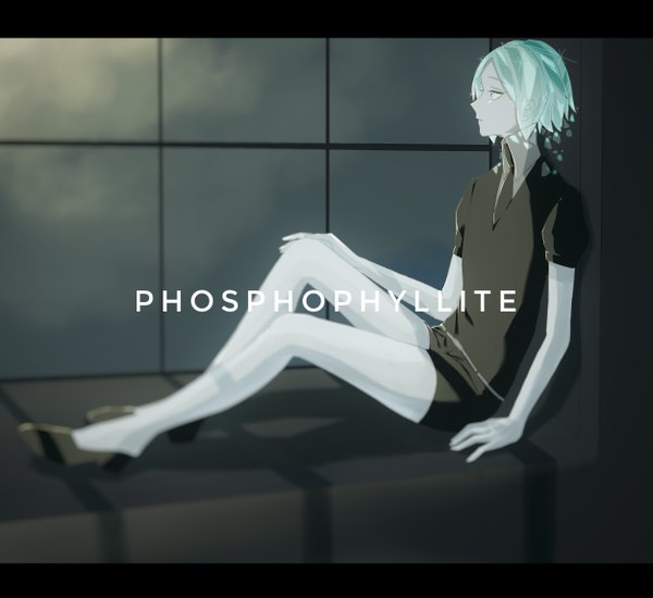 Anime picture 2502x2295 with houseki no kuni phosphophyllite hana (kyonkyon999) single highres short hair sitting looking away full body profile aqua hair puffy sleeves character names letterboxed androgynous necktie window