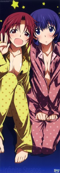 Anime picture 1687x4833 with infinite stratos 8bit gotanda ran kurashima tomoyasu tall image blush highres short hair open mouth blue eyes light erotic red eyes brown hair multiple girls blue hair barefoot girl 2 girls star (symbol) pajamas