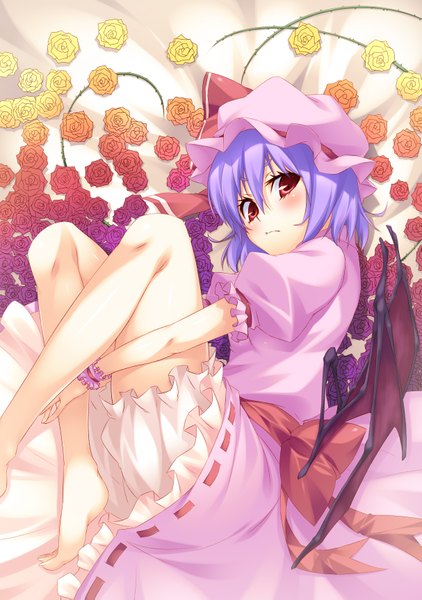 Anime picture 2425x3445 with touhou remilia scarlet bz (pixiv) tall image highres short hair red eyes absurdres purple hair barefoot bat wings girl dress flower (flowers) wings rose (roses) bonnet