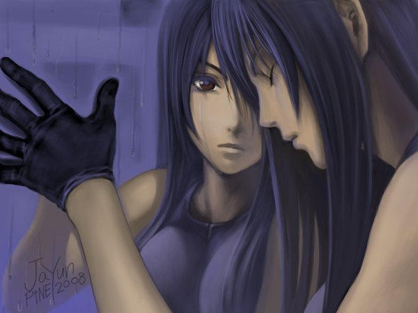 Anime picture 1600x1200 with final fantasy final fantasy vii square enix tifa lockhart jayun long hair looking at viewer fringe purple eyes signed purple hair eyes closed profile lips wallpaper reflection dual persona gloves black gloves advent children