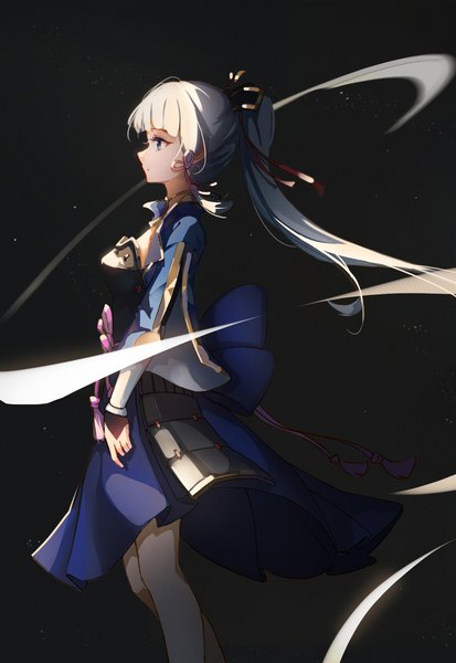 Anime picture 1492x2169 with genshin impact kamisato ayaka spica-sh single long hair tall image fringe blue eyes standing looking away silver hair ponytail profile black background girl