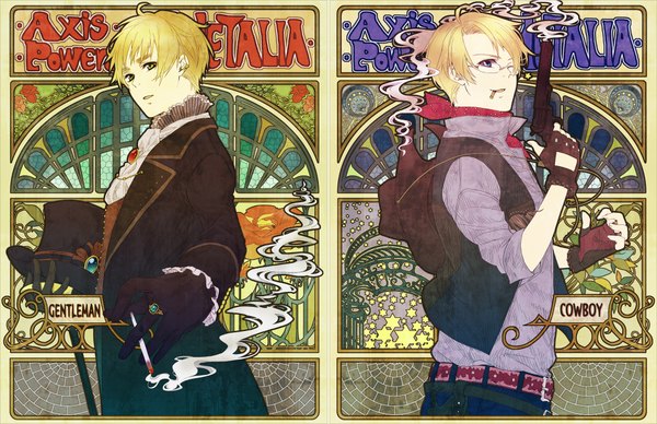 Anime picture 2000x1296 with axis powers hetalia studio deen united kingdom (hetalia) america (hetalia) mushi kei highres short hair blonde hair green eyes ahoge inscription mouth hold smoke smoking smoking gun art nouveau cowboy boy gloves weapon