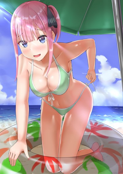 Anime picture 1447x2047 with go-toubun no hanayome nakano nino plu xx single tall image blush fringe short hair breasts open mouth blue eyes light erotic smile large breasts payot pink hair sky cleavage cloud (clouds) bent knee (knees)