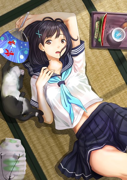 Anime picture 900x1273 with original konekoneko (indonesia) single tall image looking at viewer fringe short hair open mouth black hair holding brown eyes ahoge lying pleated skirt midriff on back animal print fish print girl skirt