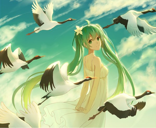 Anime picture 1699x1399 with vocaloid hatsune miku lan jue looking at viewer fringe standing twintails bare shoulders sky cloud (clouds) ahoge very long hair looking back hair flower aqua eyes wind aqua hair hands behind back girl hair ornament