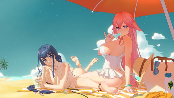 Anime picture 7680x4320 with genshin impact raiden shogun yae miko eula lawrence w.q.y long hair looking at viewer blush fringe highres breasts blue eyes light erotic hair between eyes wide image large breasts sitting purple eyes multiple girls holding