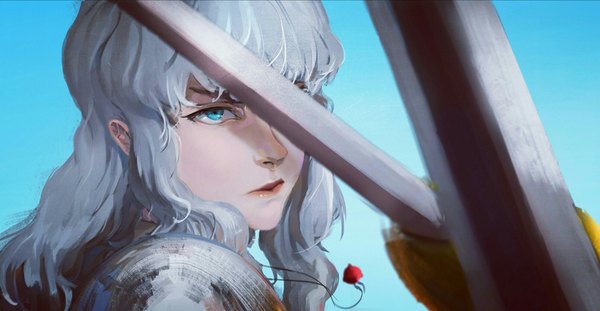 Anime picture 1986x1030 with berserk griffith twomix single long hair fringe highres blue eyes simple background wide image looking away silver hair blue background battle covering eye (eyes) boy weapon sword pendant