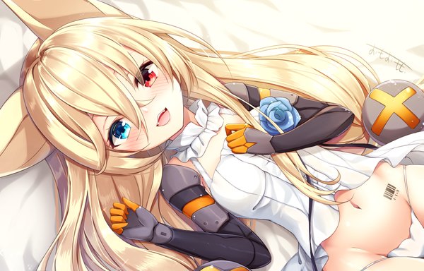 Anime picture 2000x1280 with girls frontline g41 (girls frontline) omoomomo single long hair looking at viewer blush fringe highres open mouth blue eyes light erotic blonde hair hair between eyes red eyes signed animal ears lying :d bare belly