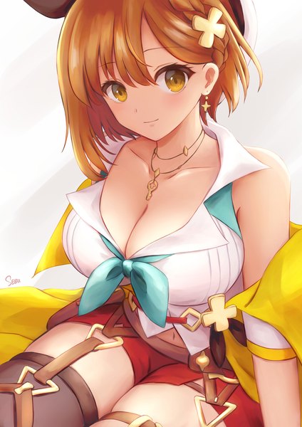 Anime picture 1273x1800 with atelier (series) atelier ryza gust (company) reisalin stout sebu illust single tall image looking at viewer fringe short hair breasts light erotic hair between eyes brown hair large breasts sitting signed yellow eyes cleavage girl