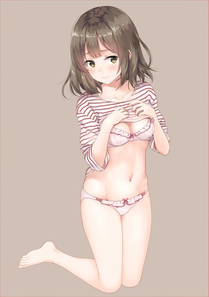 Anime picture 2893x4092 with original unasaka ryou single tall image blush fringe highres short hair breasts light erotic simple background smile brown hair yellow eyes looking away cleavage full body barefoot kneeling brown background