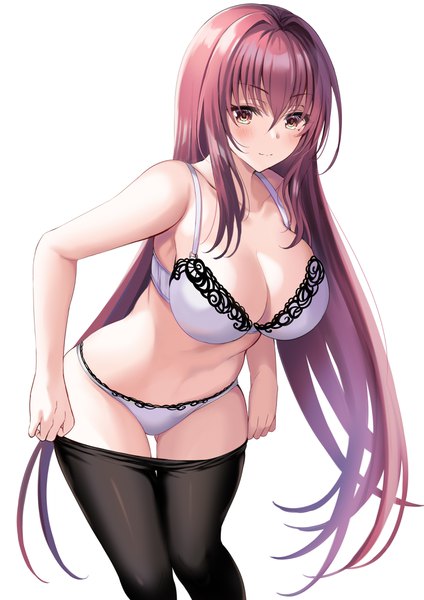 Anime picture 2893x4092 with fate (series) fate/grand order scathach (fate) (all) scathach (fate) harimoji single long hair tall image looking at viewer blush highres breasts light erotic simple background smile large breasts standing white background yellow eyes cleavage