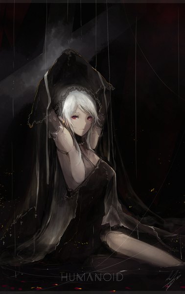 Anime picture 1327x2105 with original marumoru single tall image looking at viewer short hair light erotic red eyes white hair parted lips inscription night arms up sideboob dark background rain covering girl dress gloves