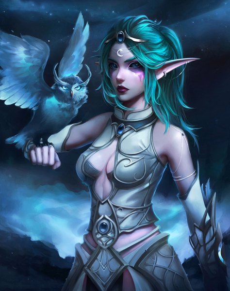 Anime picture 1920x2428 with world of warcraft blizzard entertainment night elf tyrande whisperwind alisa nilsen single long hair tall image looking at viewer fringe highres breasts light erotic standing bare shoulders payot upper body ponytail green hair pointy ears