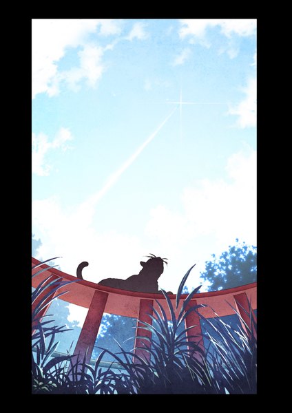 Anime picture 2480x3508 with mocha (cotton) tall image highres sky cloud (clouds) border plant (plants) animal tree (trees) cat grass fence aircraft airplane rocket