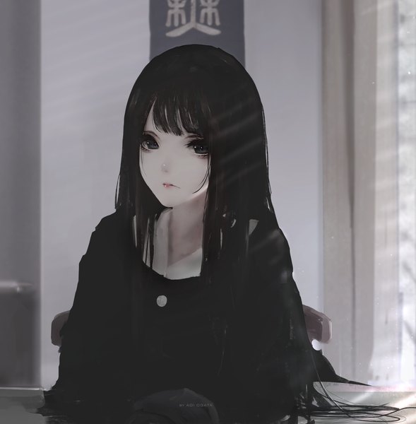 Anime picture 3892x3965 with original hate-chan (aoi ogata) aoi ogata single long hair tall image looking at viewer fringe highres black hair signed absurdres upper body indoors black eyes lipstick light pink lipstick makeup girl