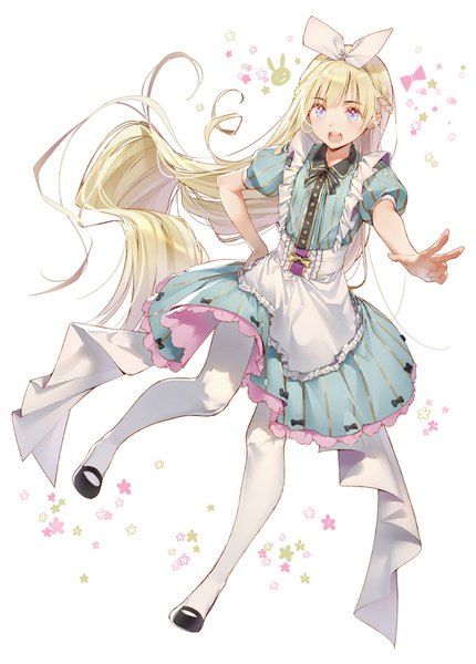 Anime picture 650x906 with original dsmile single tall image looking at viewer fringe blue eyes simple background blonde hair white background bent knee (knees) very long hair hand on hip happy girl dress bow pantyhose shoes hairband