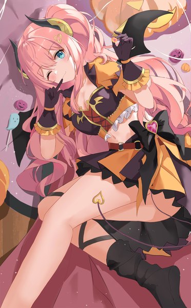 Anime picture 1490x2400 with princess connect! re:dive princess connect! minami suzuna suzuna (halloween) (princess connect!) serika single long hair tall image looking at viewer fringe blue eyes light erotic hair between eyes pink hair ponytail tail one eye closed horn (horns) midriff finger to mouth