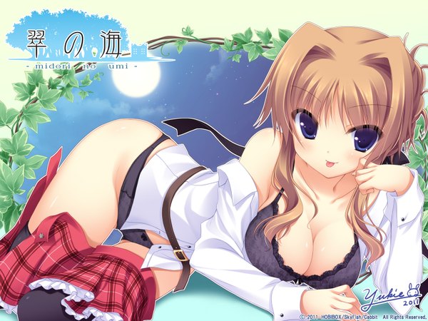 Anime picture 1600x1200 with midori no umi chisha yukie (peach candy) short hair blue eyes light erotic brown hair reclining :p girl thighhighs underwear panties black thighhighs plant (plants) tongue