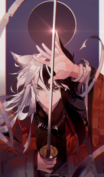 Anime-Bild 700x1189 mit inuyasha inuyasha (character) kawacy single long hair tall image looking at viewer fringe black hair hair between eyes holding signed animal ears yellow eyes upper body white hair traditional clothes japanese clothes multicolored hair arm up