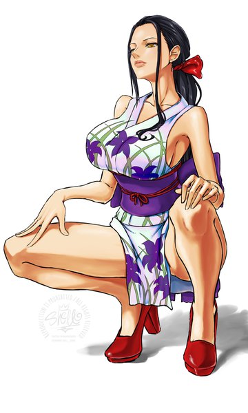 Anime picture 3000x5000 with one piece toei animation nico robin sherumaru (korcht06) single long hair tall image highres breasts light erotic black hair simple background large breasts white background signed yellow eyes payot full body bent knee (knees) traditional clothes