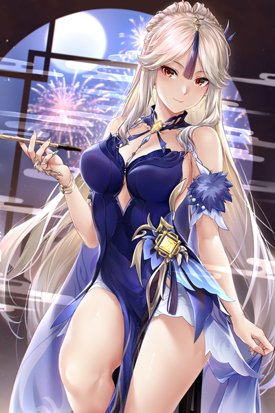 Anime picture 4000x6000 with genshin impact ningguang (genshin impact) ningguang (orchid's evening gown) (genshin impact) rei kun single long hair tall image looking at viewer fringe highres breasts light erotic red eyes large breasts standing holding absurdres white hair indoors nail polish