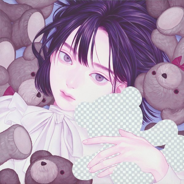 Anime picture 1792x1792 with original konno mayumi single looking at viewer highres short hair black hair purple eyes fingernails lips realistic expressionless traditional media girl toy stuffed animal stuffed toy teddy bear blouse