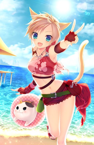 Anime picture 800x1231 with final fantasy final fantasy xiv square enix miqo'te fat cat (ff14) minatsuki alumi single tall image looking at viewer blush short hair open mouth blue eyes blonde hair smile animal ears sky cloud (clouds) tail :d