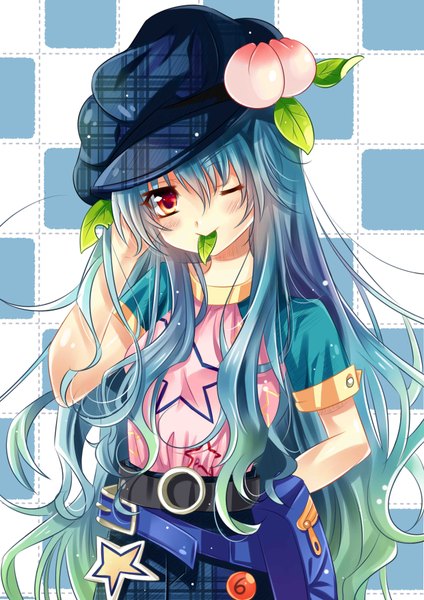 Anime picture 2480x3507 with touhou hinanawi tenshi jiji (381134808) single long hair tall image looking at viewer blush highres red eyes blue hair one eye closed wink girl belt leaf (leaves)