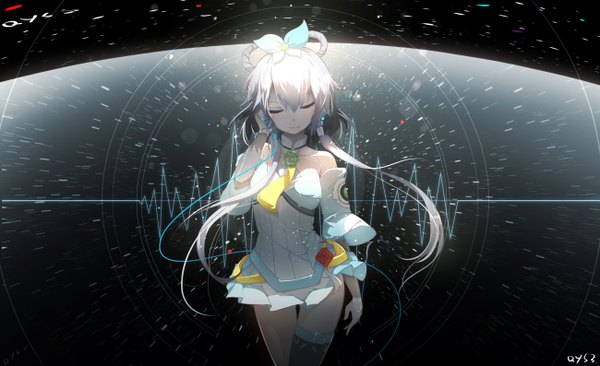 Anime picture 1300x794 with vocaloid vocaloid china luo tianyi qys3 single long hair blush fringe simple background smile hair between eyes wide image standing twintails bare shoulders signed silver hair eyes closed wide sleeves thigh gap