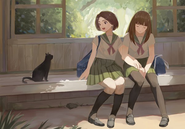 Anime picture 2000x1400 with original vic long hair fringe highres short hair open mouth brown hair sitting multiple girls brown eyes looking away outdoors eyes closed pleated skirt short sleeves sleeping girl skirt uniform