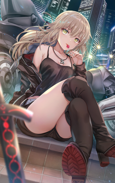 Anime picture 1200x1903 with fate (series) fate/grand order artoria pendragon (all) saber alter torino aqua single long hair tall image looking at viewer blush fringe blonde hair hair between eyes sitting holding yellow eyes full body outdoors head tilt off shoulder