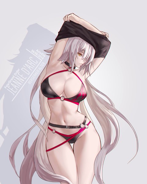 Anime picture 2000x2500 with fate (series) fate/grand order jeanne d'arc (fate) (all) jeanne d'arc alter (fate) jeanne d'arc alter (swimsuit berserker) (fate) azto dio single long hair tall image looking at viewer fringe highres breasts light erotic simple background smile hair between eyes large breasts signed yellow eyes