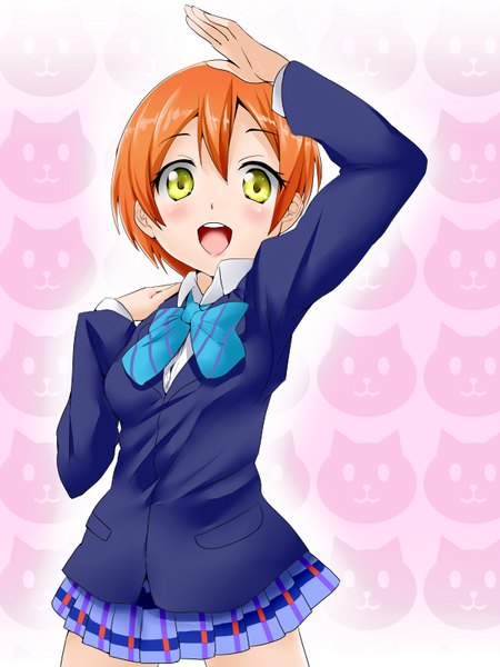 Anime picture 600x800 with love live! school idol project sunrise (studio) love live! hoshizora rin nurie single tall image blush fringe short hair open mouth hair between eyes yellow eyes :d pleated skirt arm up orange hair teeth pink background girl