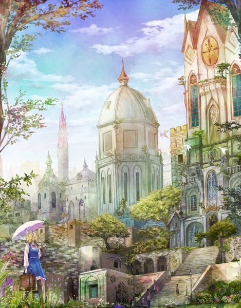 Anime picture 2000x2554 with original shigureteki tall image highres blonde hair looking back group landscape girl dress plant (plants) tree (trees) building (buildings) umbrella clock lantern stairs wall lamppost tower